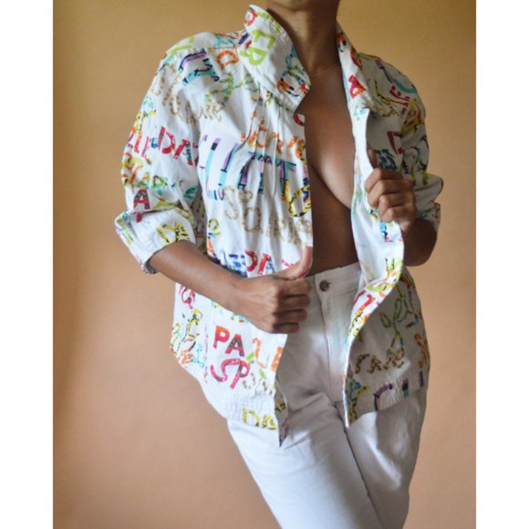 90s Vintage Text-Collage Denim Jacket - Picture 2 of 3